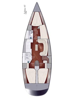 Plan schématique du Salona 45 vu de dessus : 4 cabines, salon, cuisine, salles d'eau, poste de navigation