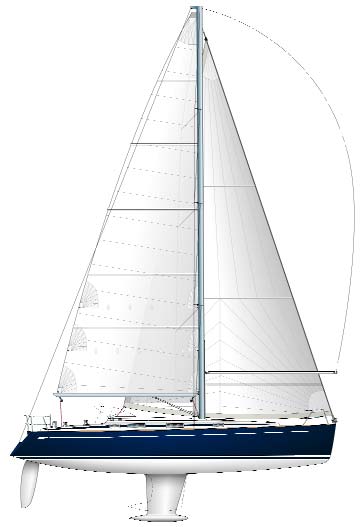 Plan de profil et de voilure du Salona 45 (SAIL Magazine, 2006) : silhouette de coque, quille à bulbe, gréement — plan technique, pas un plan de pont, pas de poste de barre visible